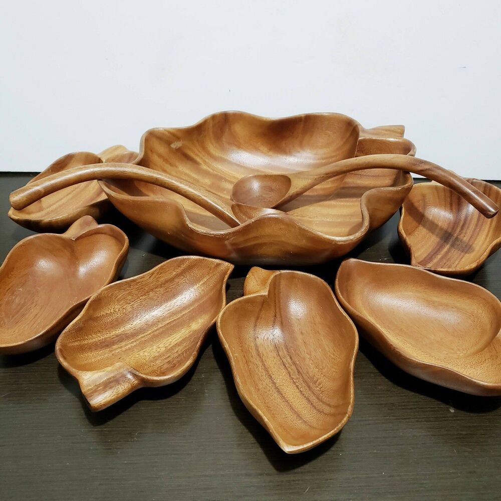 Vtg Set of 7 Word Woods Genuine Salad Bowls & 2 Serving Spoons